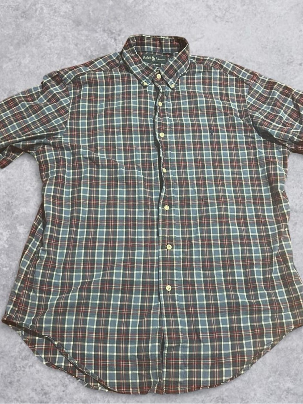 Vintage Polo Ralph Lauren Red Blue Plaid Button Up Short Sleeve Mens Large